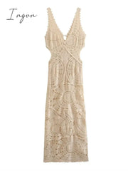 Ingvn - Solid Knitted Hollow Out Crochet Long Dresses Elegant V-Neck Sleeveless Backless Vestidos