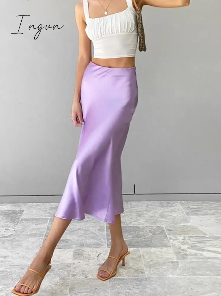 Ingvn - Solid Purple Satin Silk Skirt Women High Waisted Summer Long New Elegant Ladies Office