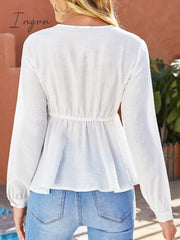 Ingvn - Spliced Lace Plunge Tie Front Blouse