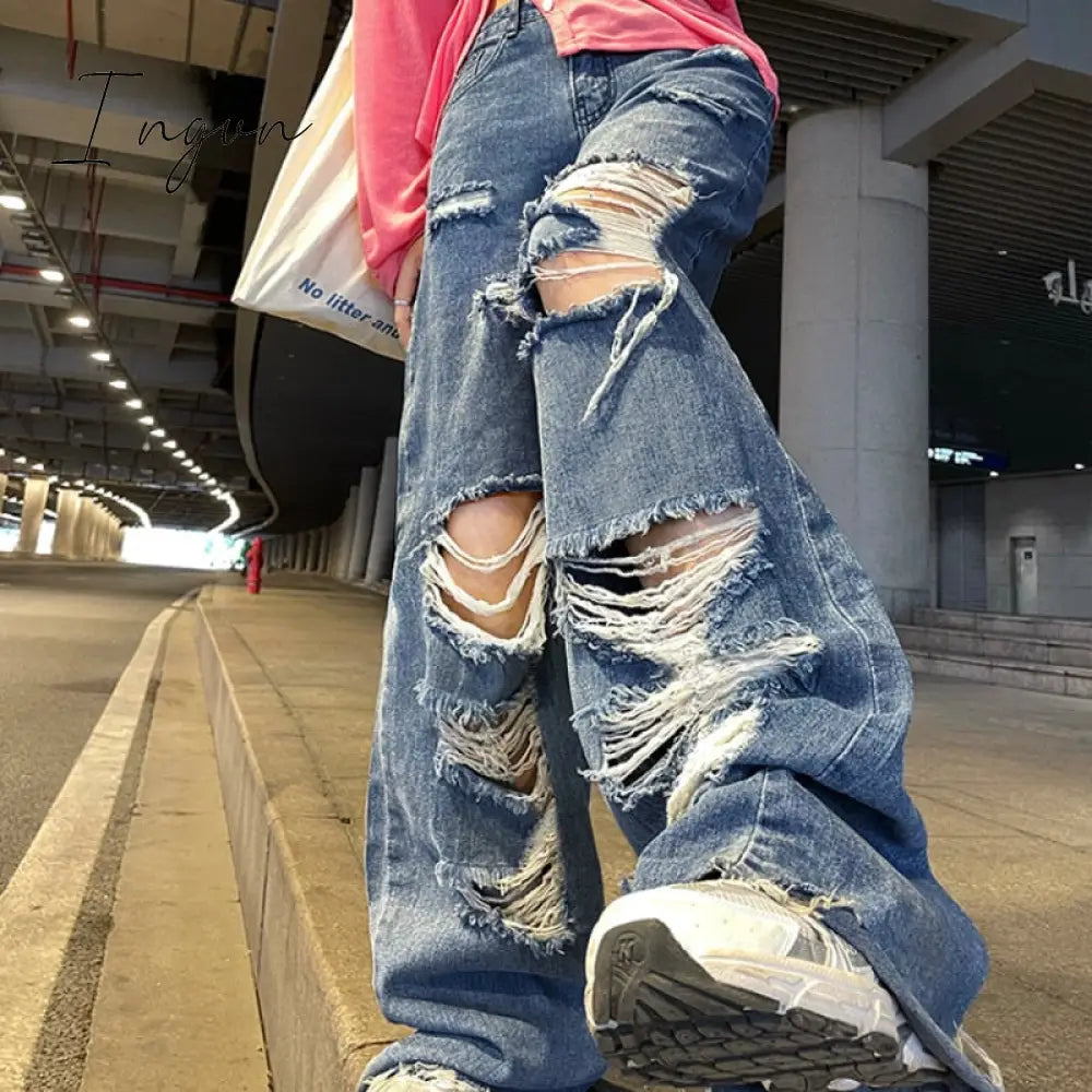 Ingvn - Spring And Autumn Women’s Ripped Jeans High Waist Loose Straight Pants Wide Leg Y2K Street