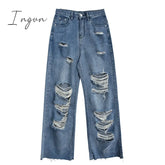 Ingvn - Spring And Autumn Women’s Ripped Jeans High Waist Loose Straight Pants Wide Leg Y2K