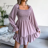 Ingvn - Spring And Summer Hot Style Long Sleeve Ruffled Dress Light Purple / S
