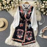 Ingvn - Spring Autumn Elegant 2 Piece Set Overalls Dress Women Bow Collar White Shirt Top +