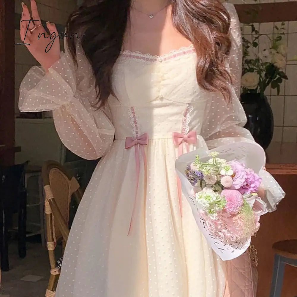 Ingvn - Spring Autumn Elegant Princess Dress Women Sweet Dot Party Long Sleeve Fairy Female Casual