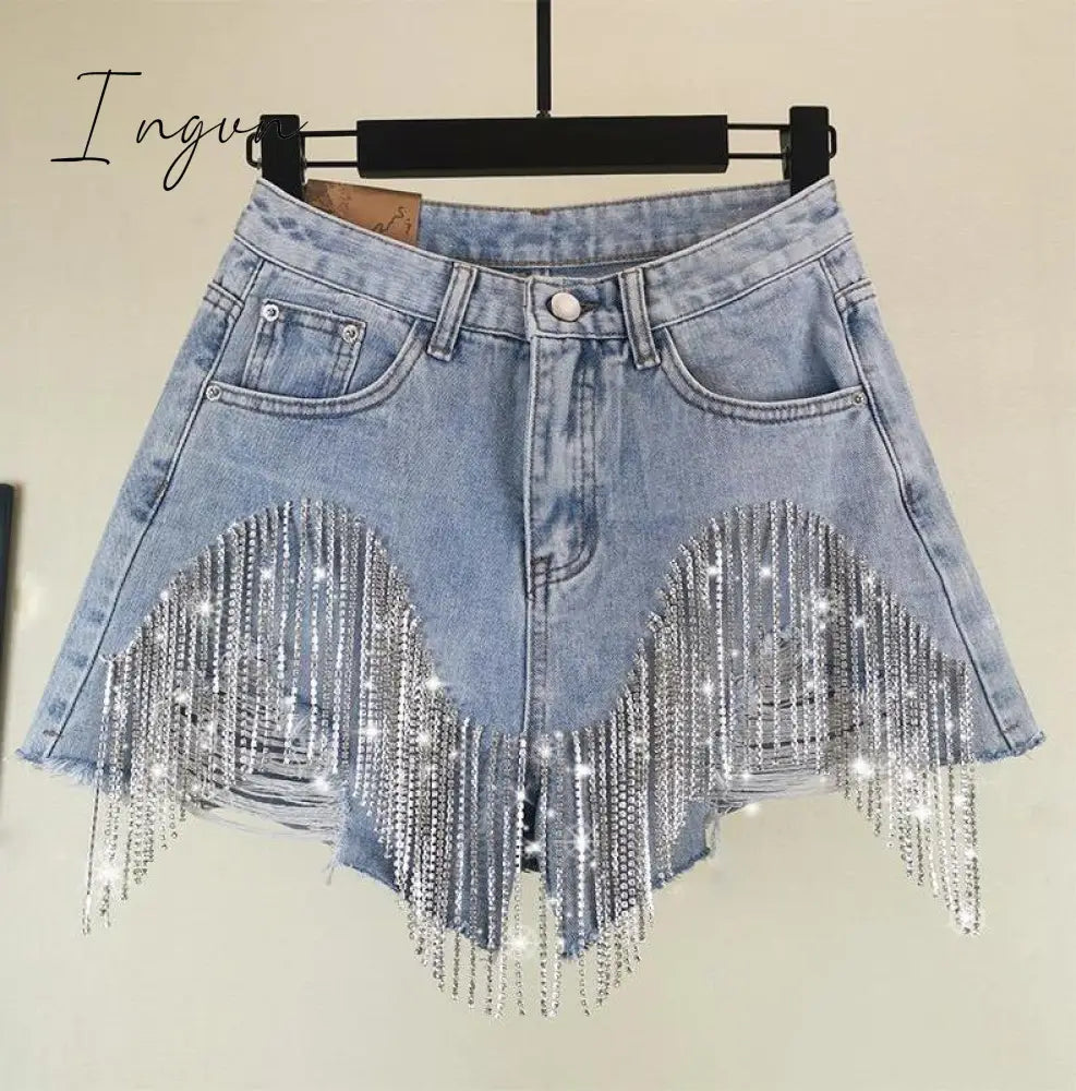 Ingvn - Spring Autumn Fashion Tide Denim Short Women High Street Rhinestone Sequins Hole Tassel Fit