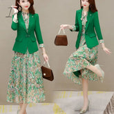 Ingvn - Spring Autumn New Suit Jacket Dress Two - Piece Women’s Elegant Blazers Floral Long Skirt