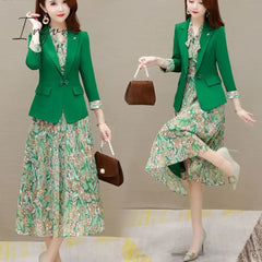 Ingvn - Spring Autumn New Suit Jacket Dress Two - Piece Women’s Elegant Blazers Floral Long Skirt