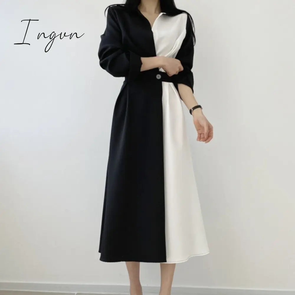 Ingvn - Spring Autumn Retro Temperament Contrast Color Lapel Long - Sleeved Shirt Female Midi Dress