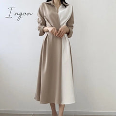 Ingvn - Spring Autumn Retro Temperament Contrast Color Lapel Long - Sleeved Shirt Female Midi Dress