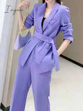 Ingvn - Spring Autumn Women Elegant Lace Up Blazers Two - Piece Set Office Ladies Purple Pantsuit