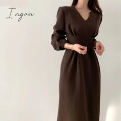 Ingvn - Spring Autumn Women Solid Black Elegant Office Lady V Neck Fashion Long Korea Chic Dress