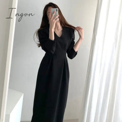Ingvn - Spring Autumn Women Solid Black Elegant Office Lady V Neck Fashion Long Korea Chic Dress