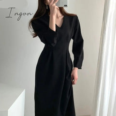 Ingvn - Spring Autumn Women Solid Black Elegant Office Lady V Neck Fashion Long Korea Chic Dress