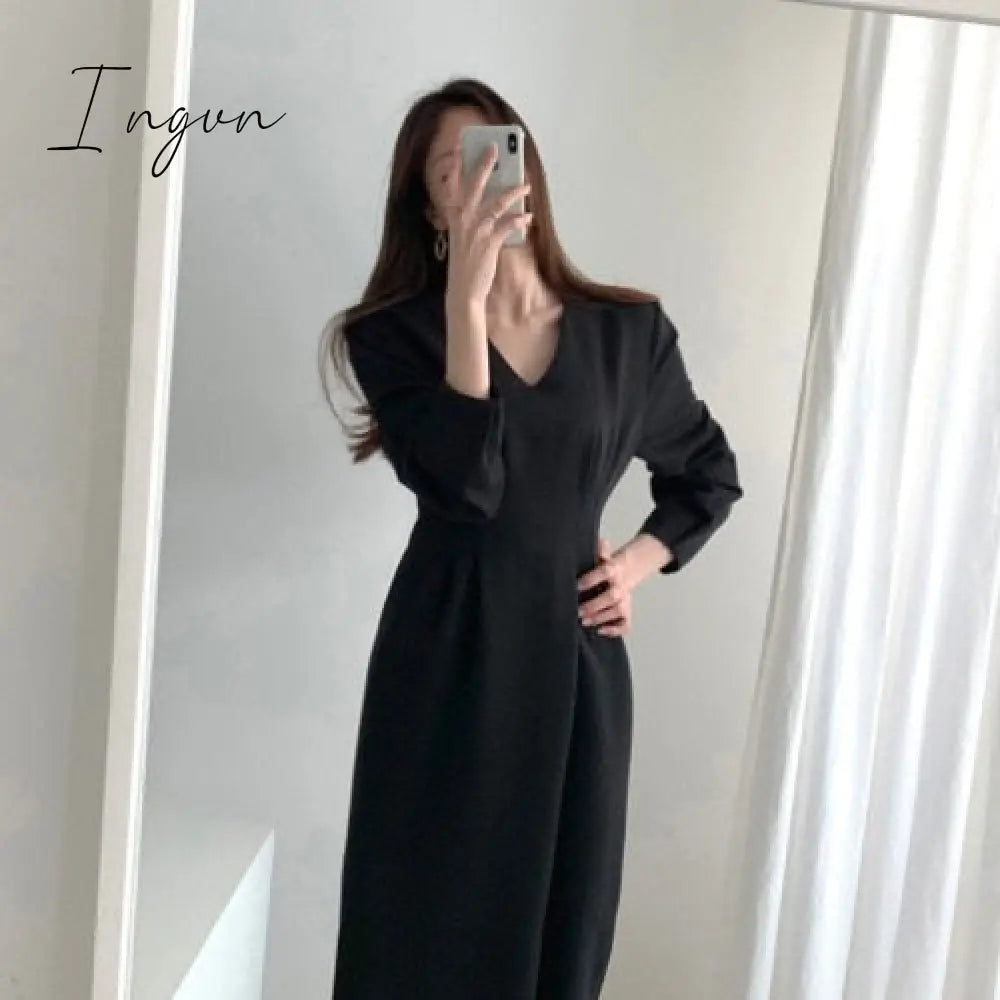 Ingvn - Spring Autumn Women Solid Black Elegant Office Lady V Neck Fashion Long Korea Chic Dress