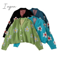 Ingvn - Spring College Style Flower Print Knitted Doat Loose Retro V - Neck Cute Light Green
