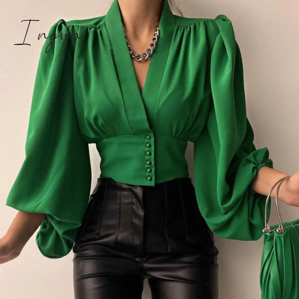 Ingvn - Spring Fashion Women Shirt Lantern Long Sleeves Casual Solid Color Printed Slim Buttons V