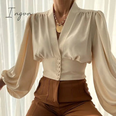 Ingvn - Spring Fashion Women Shirt Lantern Long Sleeves Casual Solid Color Printed Slim Buttons V
