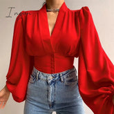 Ingvn - Spring Fashion Women Shirt Lantern Long Sleeves Casual Solid Color Printed Slim Buttons V