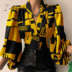 Ingvn - Spring Fashion Women Shirt Lantern Long Sleeves Casual Solid Color Printed Slim Buttons V