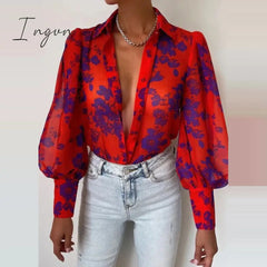 Ingvn - Spring Fashion Women Shirt Lantern Long Sleeves Casual Solid Color Printed Slim Buttons V