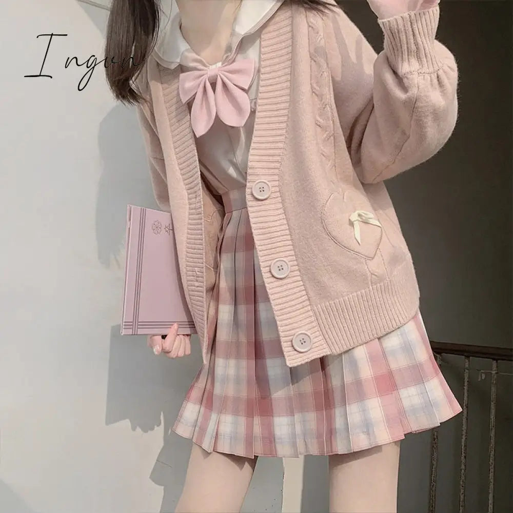 Ingvn - Spring Japan Kawaii Fashion Pink Cardigan Women Vintage Crop Knitted Sweater Cute Bow Heart