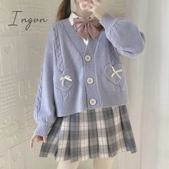 Ingvn - Spring Japan Kawaii Fashion Pink Cardigan Women Vintage Crop Knitted Sweater Cute Bow Heart