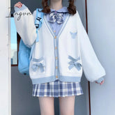 Ingvn - Spring Japanese Kawaii Fashion Pink Cardigan Women Harajuku Knitted Sweater Cute Bow Heart