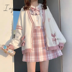 Ingvn - Spring Japanese Kawaii Fashion Pink Cardigan Women Harajuku Knitted Sweater Cute Bow Heart