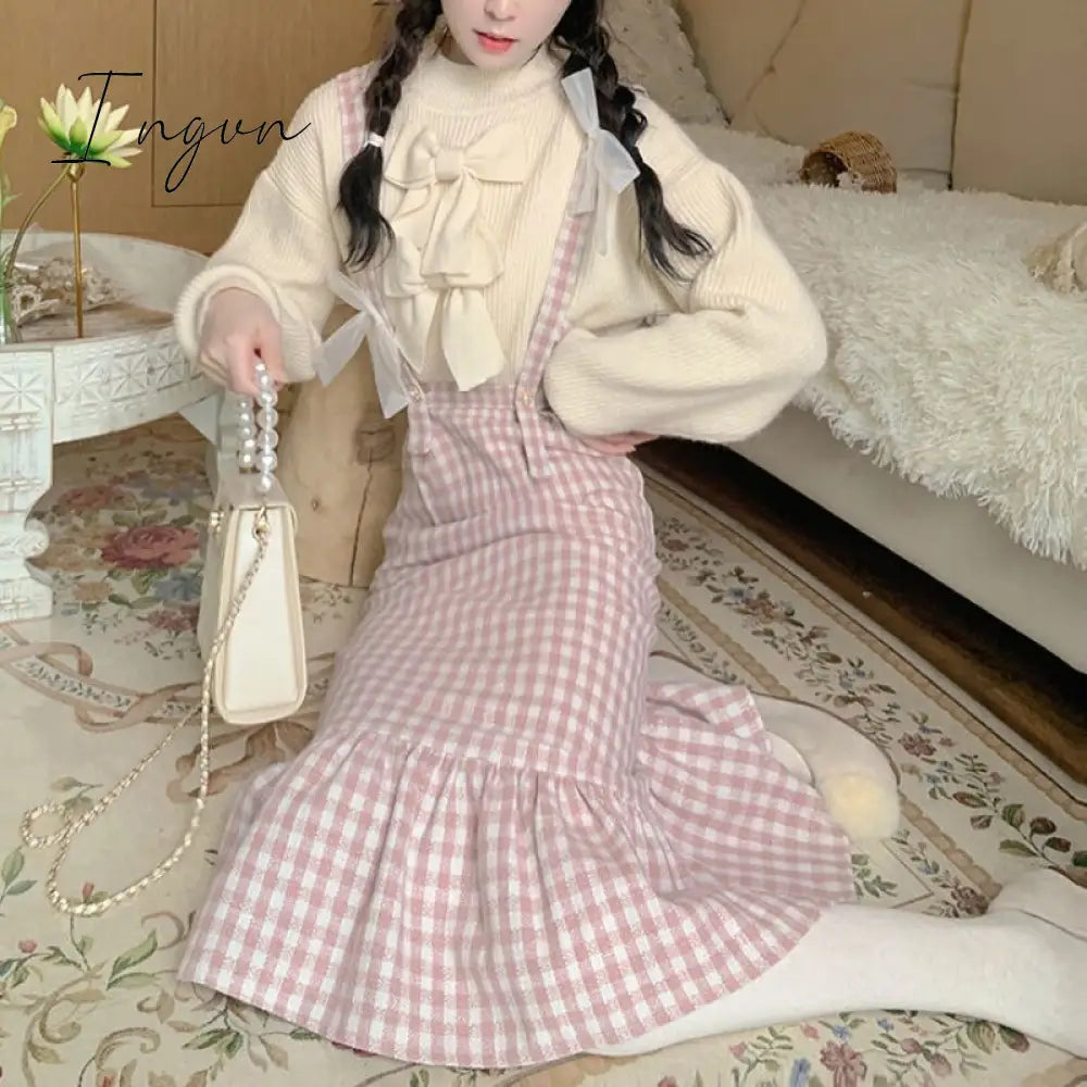 Ingvn - Spring Japanese Kawaii Plaid Strap Skirts Women Sweet Bow Designer Party Midi Skirt Female