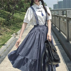 Ingvn - Spring Midi Skirt For Women Summer Japanese Style Kawaii Lolita Teens Soft Girl High Waist