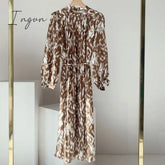 Ingvn - Spring New Stand Collar Women Full Sleeve Dress Elegant Hit Color Female Lace - Up Printed