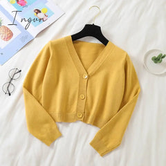 Ingvn - Spring Newly Green Cropped Cardigans Women Loose Ladies Short Knitted Sweaters Long Sleeve