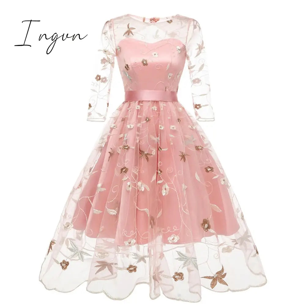 Ingvn - Spring Outfits New Summer Floral Print Embroidery Tulle Female Dress Sweet Elegant High