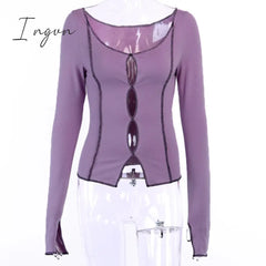 Ingvn - Spring Outfits Sexy Solid Hollow Out Top Long Sleeve O - Neck T - Shirt Woman Casual Autumn