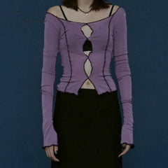 Ingvn - Spring Outfits Sexy Solid Hollow Out Top Long Sleeve O - Neck T - Shirt Woman Casual Autumn