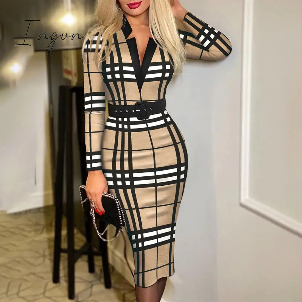 Ingvn - Spring Outfits Trends Office Lady Long Sleeve V - Neck Maxi Dress Autumn Vintage Print Slim