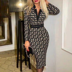 Ingvn - Spring Outfits Trends Office Lady Long Sleeve V - Neck Maxi Dress Autumn Vintage Print Slim