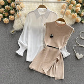 Ingvn - Spring Outfits Women Sleeve White Shirt Fashion Two Piece Suit Red Cotton Sweater Vest Lady