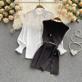 Ingvn - Spring Outfits Women Sleeve White Shirt Fashion Two Piece Suit Red Cotton Sweater Vest Lady