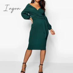 Ingvn - Spring Sexy Deep V Neck Ladies Bodycon Dress Elegant Women Solid Lantern Sleeve Sashes