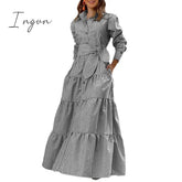 Ingvn - Spring Shirt Dress Women Long Sleeve Party Dresses Casual Lapel Button Vintage Belted