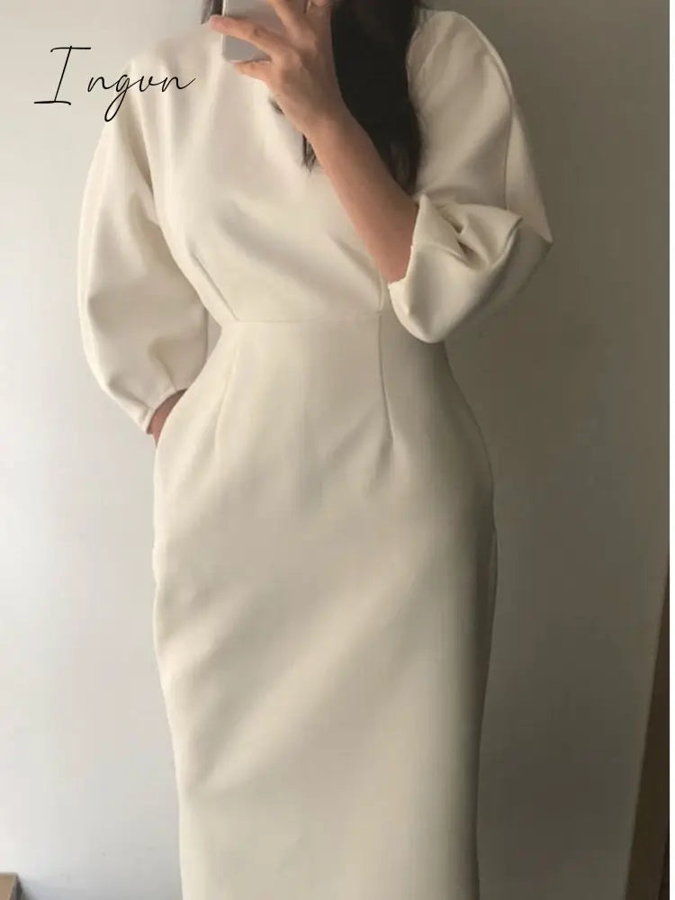 Ingvn - Spring Summer Elegant Business Midi Women White Dress Bat Sleeve Workwear Bodycon Slim
