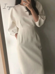 Ingvn - Spring Summer Elegant Business Midi Women White Dress Bat Sleeve Workwear Bodycon Slim