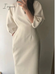 Ingvn - Spring Summer Elegant Business Midi Women White Dress Bat Sleeve Workwear Bodycon Slim