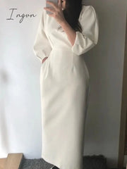 Ingvn - Spring Summer Elegant Business Midi Women White Dress Bat Sleeve Workwear Bodycon Slim