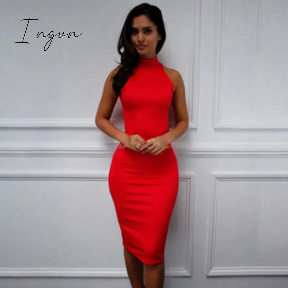 Ingvn - Spring Summer Fashion Turtleneck Sleeveless Elegant Pencil Dress Women Sexy Club Party