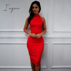 Ingvn - Spring Summer Fashion Turtleneck Sleeveless Elegant Pencil Dress Women Sexy Club Party