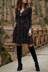 Ingvn - Spring Summer Long Sleeve V Neck Flowers Print Boho Dress Women Elegant Vintage Floral