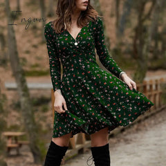 Ingvn - Spring Summer Long Sleeve V Neck Flowers Print Boho Dress Women Elegant Vintage Floral