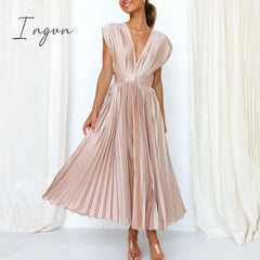 Ingvn - Spring Summer Sexy Women Dress Elegant Fashion Sleeveless V Neck Hollow Out Back Big Hem